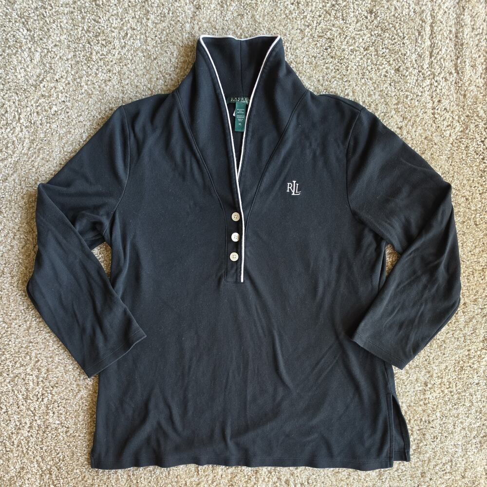 Lauren Ralph Lauren Black Long Sleeve Polo Button Up Pajama Top Size XL